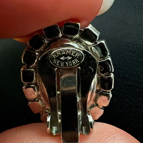 Vintage Signed Kramer Ruby & White Rhinestone Clip On Earrings - Picture 3 of 3